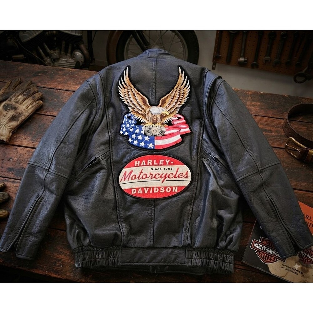 Vintage 90s Hot Leathers Jacket 52 XXL Black Leather YKK Harley Eagle Patches